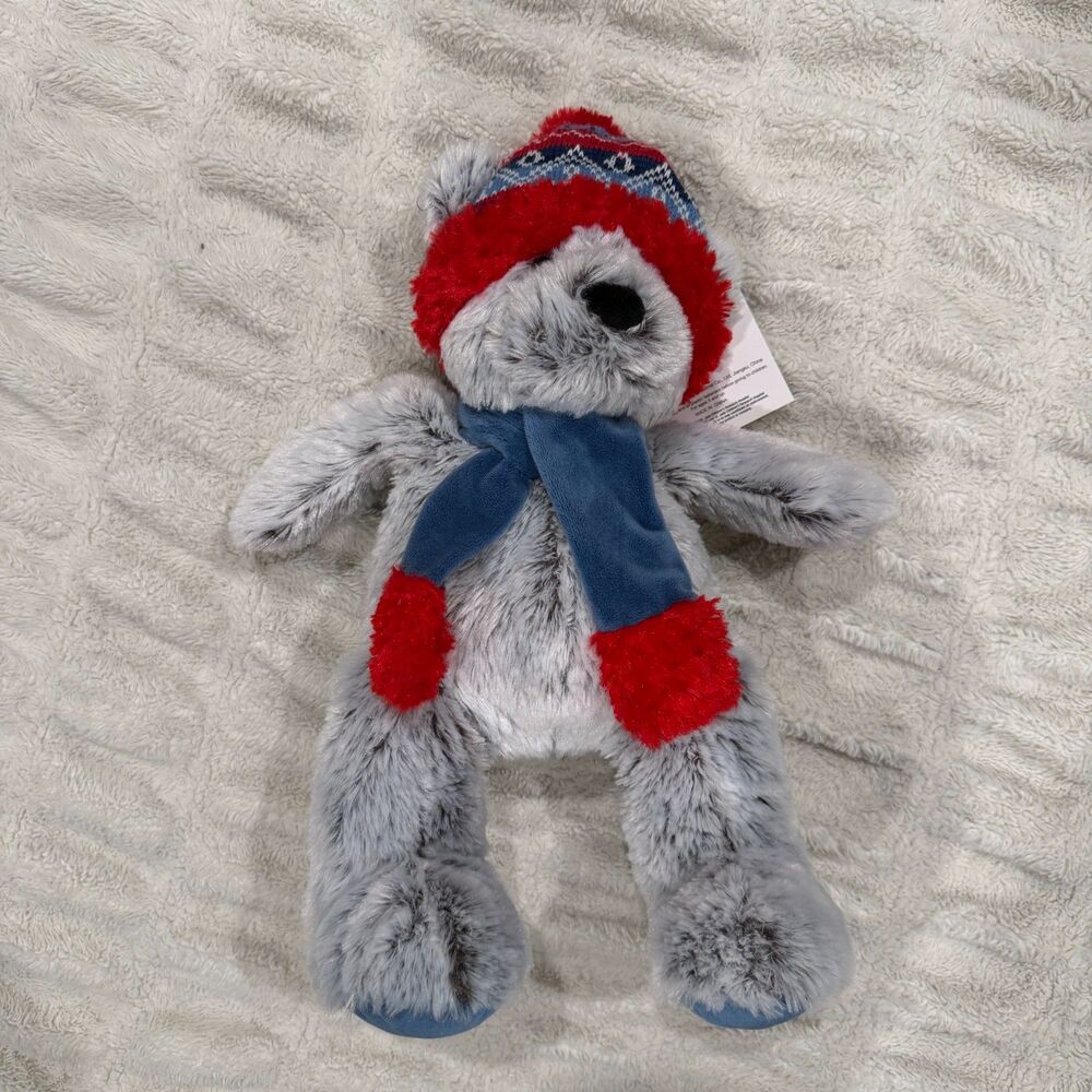 Gentle Treasures Gray Teddy Bear Plush 17” Winter Hat Scarf NWT